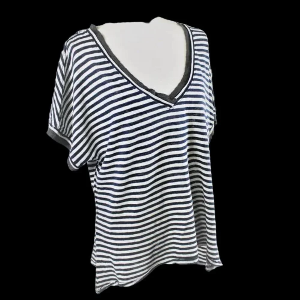 Free People We The Free Black & Cream Stripe Short Sleeve High Low Tunic